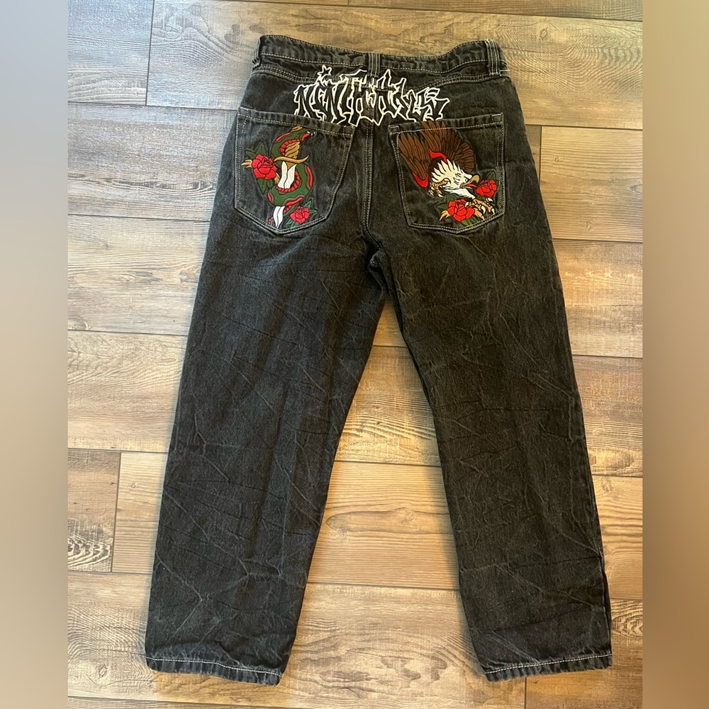 Black Jeans with Red Rose and Eagle Embroidery